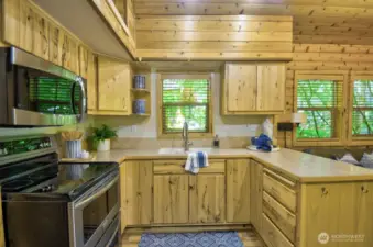HICKORY CABINETS, DOUBLE OVEN AND CONVENTION MICROWAVE