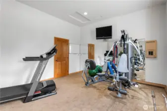 There is a dedicated exercise room with mirrored wall in the attached garage