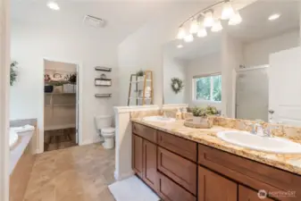 Luxurious 5-piece primary bathroom with dual sinks, soaking tub, separate shower, and granite countertops.
