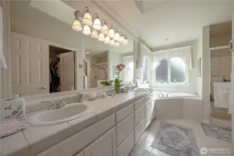 Primary suite Luxurious 5 piece bath featuring double vanity, walk in closet, and gleaming soaking tub!