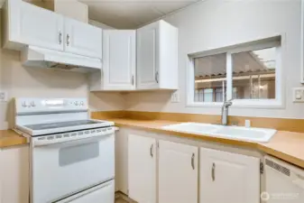 Generous cabinetry, a pantry, and shelving provide all the storage you need.