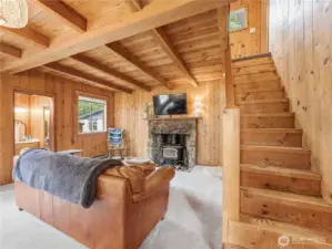 Cozy great room w/wood stove