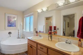 Corner soaking tub in primary bath