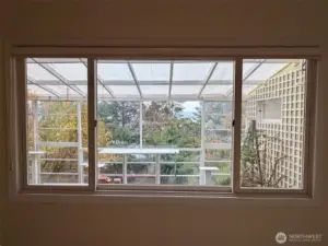 The large green house and partial views. Hot tub on patio to the left of this.