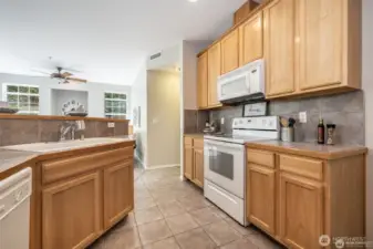 Outlook from the kitchen to the elegant living room.