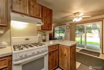 Kitchen with gas cooking.