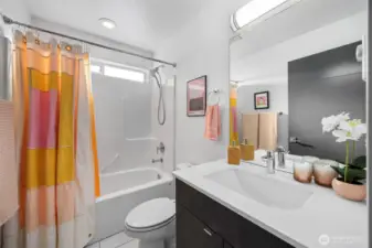 A full guest bathroom on the third level.