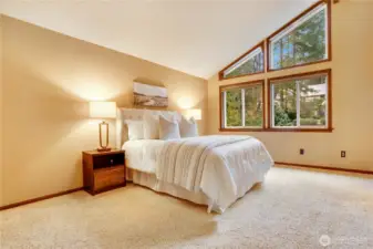 Calming primary bedroom with vaulted ceiling, dramatic angled windows, and tree-filled views—plenty of space for a king bed and a true retreat feel.
