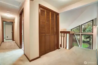 Open upstairs hallway with extra storage and a dramatic overlook to the vaulted entry windows, connecting the primary suite and three additional bedrooms.