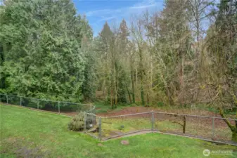 Fenced backyard with open lawn that rolls into a peaceful natural area—room for pets, play, gardening, and enjoying the surrounding woods.