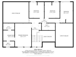 Upstairs level with a spacious primary suite (walk-in closet and dual baths), plus three additional bedrooms and a full hall bath, all overlooking dramatic open-to-below spaces.