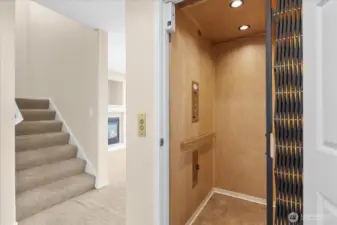 Interior view showing the home elevator, carpeted staircase, and a glimpse into the living area with a fireplace.