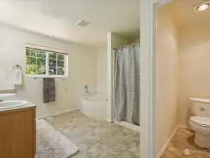 Primary bath with separate tub, shower and private toilet room.