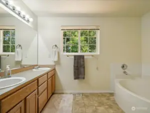 Long countertop with 2 sinks.