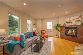 Gas fireplace and a balcony.