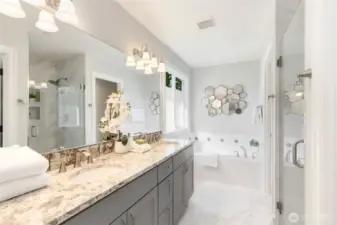 Double sinks, soaker tub, separate shower