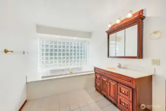 PRIMARY BATH VANITY, TUB, & G/ORGEOUS GLASS BLOCK WALL/WINDOW (Lots of natural light).