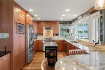 Chef's kitchen with newer appliances. Wolf range. Refrigerator and dishwasher 2023.