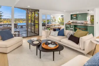 Main level living room, dining, and kitchen.