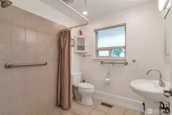 Main bathroom featuring level shower area for easy access