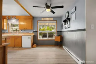 Newer wainscoting, interior paint and flooring.