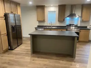 Another view of the kitchen with island and pantry.