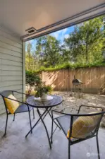 Private patio area with yard area and storage closet