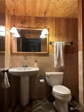 Basement bathroom has a sauna room without the sauna unit