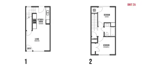 Thoughtful layouts designed for your lifestyle.—open living and kitchen flow downstairs, laundry, and both bedrooms upstairs.