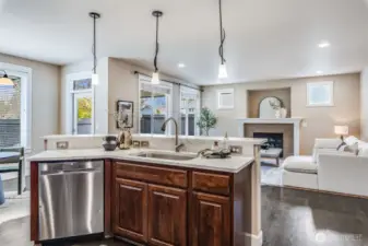 Spacious island with SS sink, SS dishwasher, bar seating & pendant lighting makes entertaining a breeze.