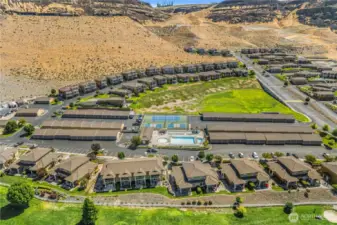 Aerial view of the property and surrounding amenities