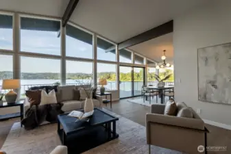 living room and dining room facing the lake