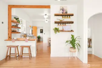 Kitchen has bar seating, perfect for casual, easy entertaining.