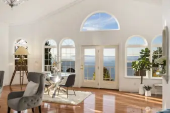 Walls of glass showcase Semiahmoo Bay from the comfort of the great room.