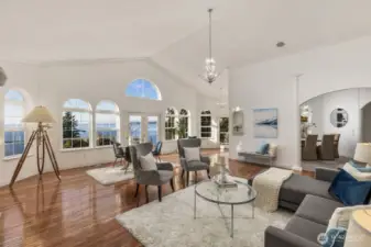 A great room that opens wide to the water, where space, light, and view all take center stage.