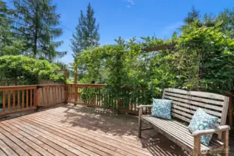 Side deck off the dining area features mature wisteria