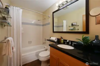 Full bath has heated flooring and ample counter space, medicine cabinet, good lighting.