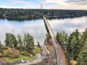 From the mainland looking over the Harstine Island bridge and Latimer's Landing beautiful public boat launch.