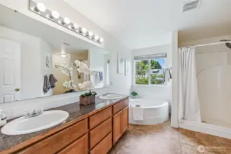 Primary bathroom is expansive. You will love the large soaking tub and extra room shower.