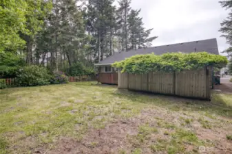 Large partially fenced backyard with mature landscaping