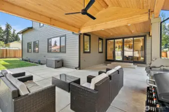 Covered patio with tong and groove ceiling. Gas plumbed for BBQ.