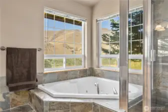 Primary bath jetted tub where you can soak, relax and enjoy the beautiful surroundings!