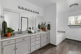 Double sink vanity and soaking tub in the primary bathroom.