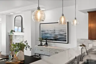New kitchen pendants add a coastal touch that complement the Puget Sound views.