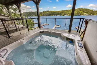 On the lower deck is the hot tub for the cooler evenings when you still want to enjoy the ambiance & view of the water.
