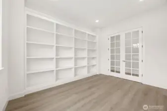 Study/den with French doors and built-ins