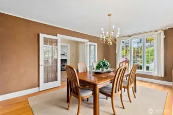 The bright, elegant dining room is perfect for special gatherings.