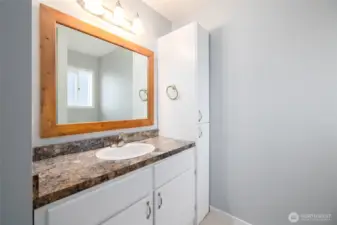 Main bath is freshly painted and has new countertops and great storage for linens and personal items.