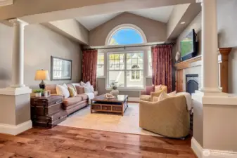 Sitting area in the guest house includes gas fireplace