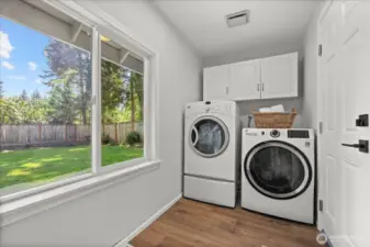 Laundry with a view! Door leads to the oversized 2-car garage with workspace!
